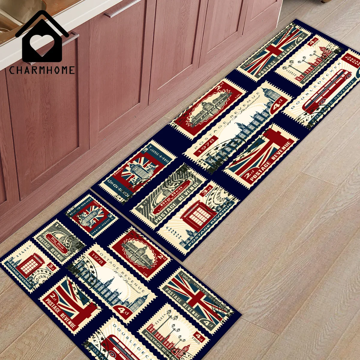 

CHARMHOME 2Pcs/Set Vintage London Stamp Long Kitchen Mat Bath Carpet Floor Mats Home Entrance Doormat Bedroom Living Room Rug