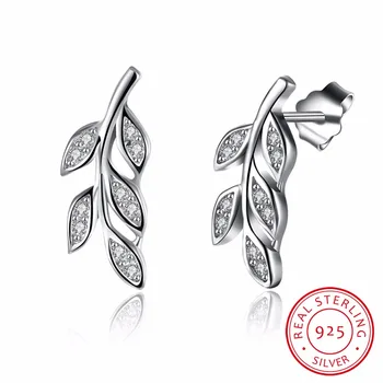 

Female 925 Sterling Silver Stud Earring Olive Branch LEAF Design Double Earrings For Women Christmas Day Gifts