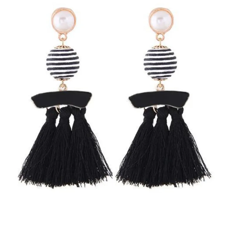 

Fashion Tassel Earrings for Women Simulated Pearl Vintage Stripe Cotton Jewelry Big Statement Drop Earrings Female Brinco B27