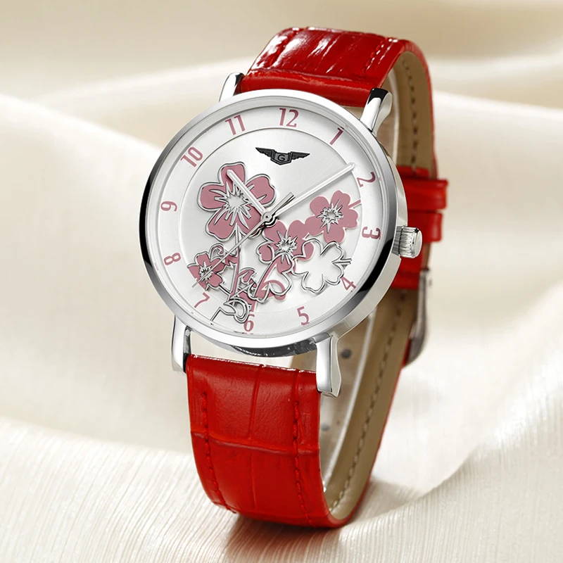 

Watches Women New Fashion GUANQIN Luxury Flower Design Quartz Clock Ladies Red Leather Wristwatches For Male relogio feminino