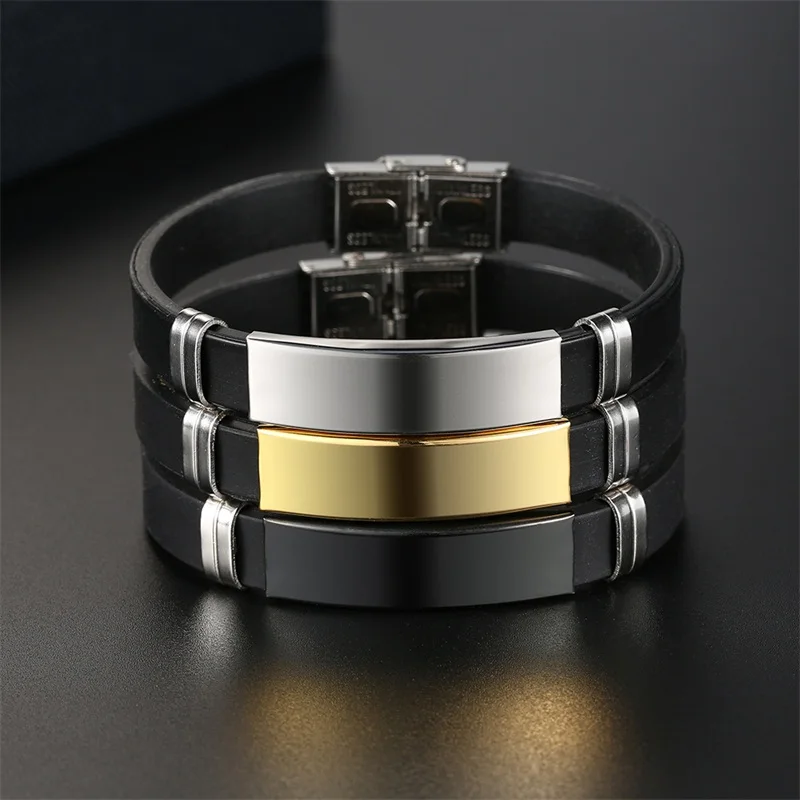 AZIZ BEKKAOUI силиконовый Выгравированный кожаный браслет для мужчин DIY черные браслеты из нержавеющей стали модные ювелирные изделия Прямая поставка