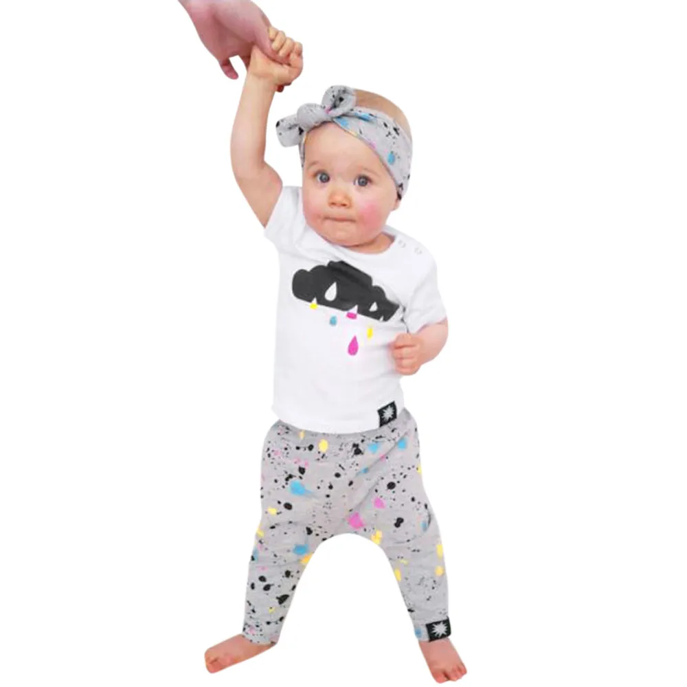 

3Pcs Summer Newborn Baby Girls Clothes Set Infant Short Sleeve Color Rain Clouds T-shirt+Pants+Headban Toddler Clothing Outfits