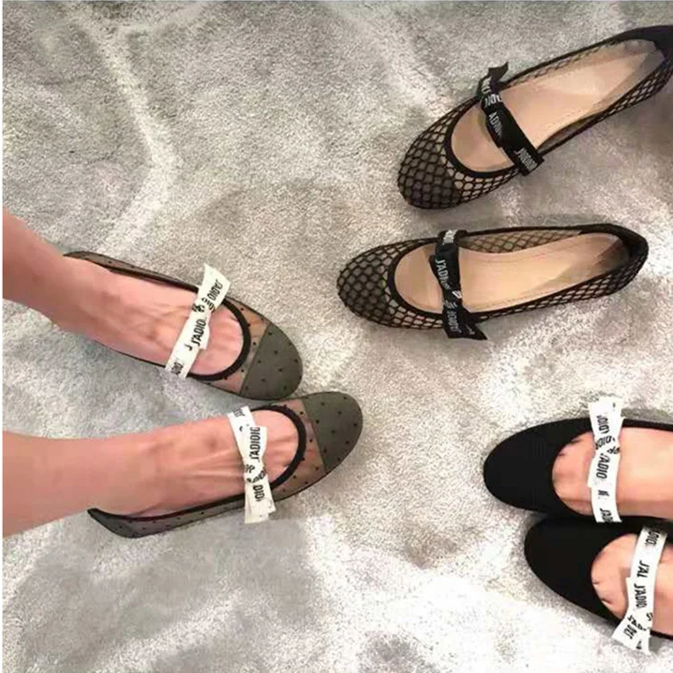 

Flat Bottom Ballet Shoes Mary Jane Shoes Butterfly Knot Letter Strap Mesh Design Summer Shoes Polka Dot Women Flats