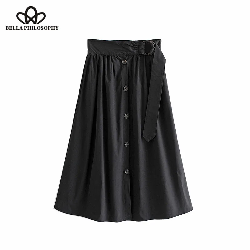 Wonder 2018 new Vintage Elegant Buttons With Belt Pleated Midi Skirts Elastic Waist Side Pockets Skirts Casual Faldas Mujer
