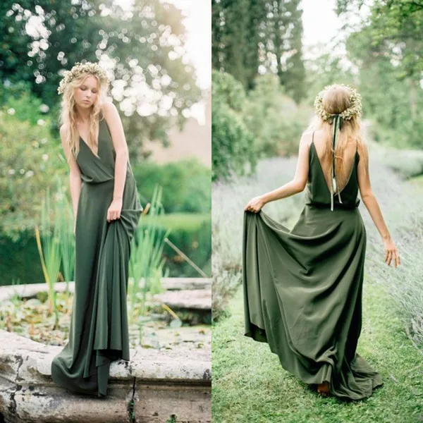 Bohemian Olive Green Chiffon Country Bridesmaid Dresses 2016 New Cheap Sexy Spaghetti Backless Long Maid Of Honor Gowns Custom EN8151