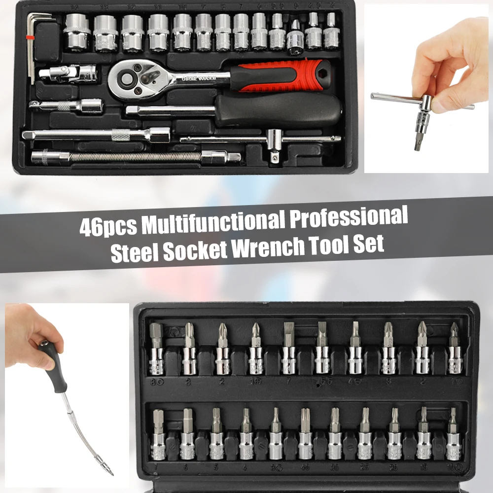 46pcs Multifunctional Professional Steel Socket Wrench Tool Set Car Repair Toolbox Automobile and Motorcycle Tools