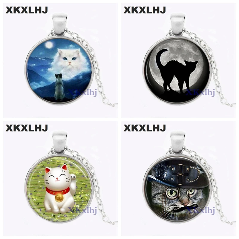 

XKXLHJ Animal Glass Cabochon Black Cat Pendant Necklace Cat Jewelry Glass Cabochon Dome Pendant Glass Round Neckalces