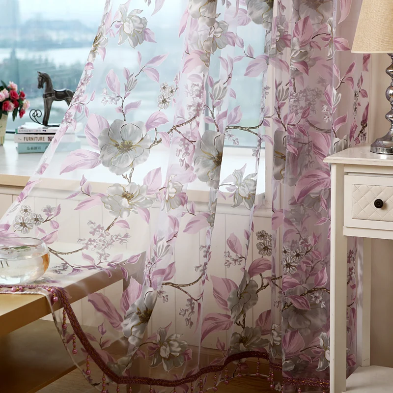 

Voile Curtain Bedroom Romantic Purple Flower Curtain Separation Linked Balcony Living Room Curtain