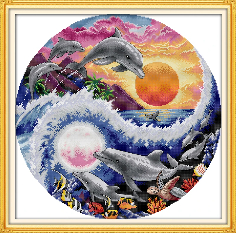 Набор для вышивки крестом Sun moon and dolphins 18ct 14ct 11ct распечатанный подсчет вышивка на