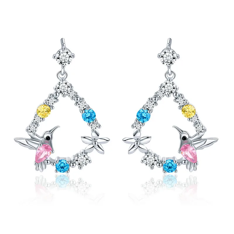 

ABAY Genuine 925 Sterling Silver Hummingbird Gift Colorful Cubic Zircon Earrings for Women Gift Sterling Silver Jewelry