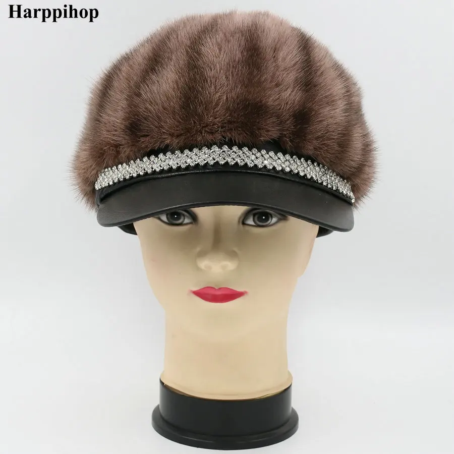Harppihop натуральный мех норки дамская шляпа без полей сохраняет тепло холодный эффект вязаные шапки шапочки для женщин девушек леди высокого качества