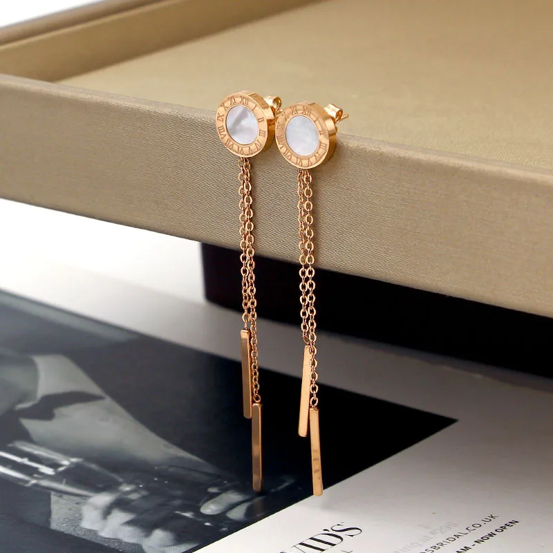 

Fashion Stainless Steel Shell Roman Numerals Round Chain Drop Earrings Rose Gold Color Women Party Wedding Gift