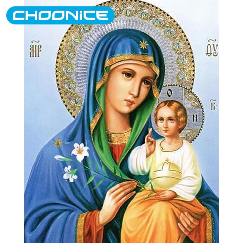 Diamond Painting Virgin Mary Christ Little Girl Flowers Crown Religious