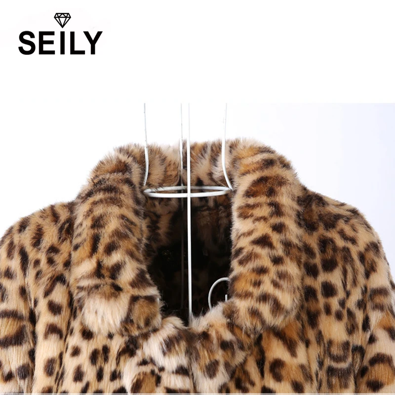 Seily Winter Plus Size Warm Furry Faux Fur Jacket Fake Natural Leopard Rabbit Fur Plush Coat Women Turn Down Collar Outwear 4XL