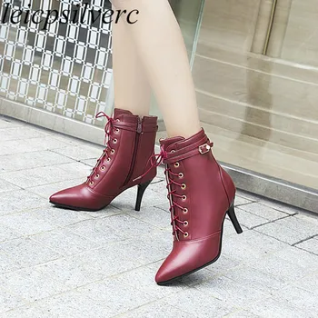 

Women Boots Autumn Winter High Heel Pu Zip Pointed Toe Ankle Basic Thin Heels Cross-tied 2019 Sexy Fashion Black Big Size 34-48