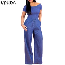 Комбинезоны для женщин, джинсовые комбинезоны VONDA, сексуальные повседневные Свободные Комбинезоны с коротким рукавом, летние женские элегантные уличные Панталоны