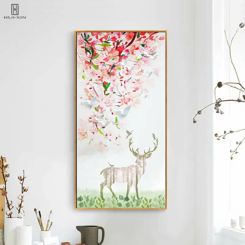 

Modern Dreamlike Landscape Unframed HD Paintings Deer Under Flowers Decorative Canvas Posters Paintings For Living Room Decor