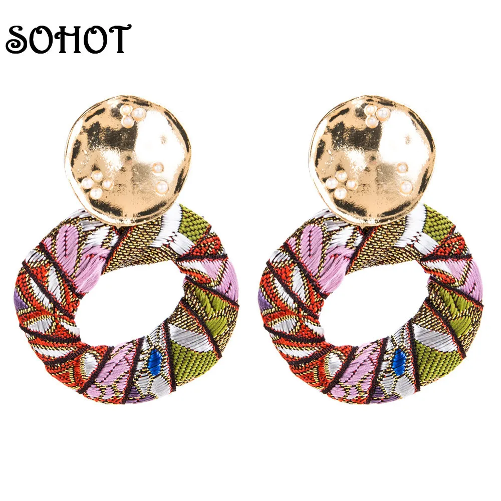 

SOHOT Handmade Yarn Elegant Bohemia Earrings Trendy Circle Charm 5 color Flower Gold Color For Statement Ethnic Earring Gift
