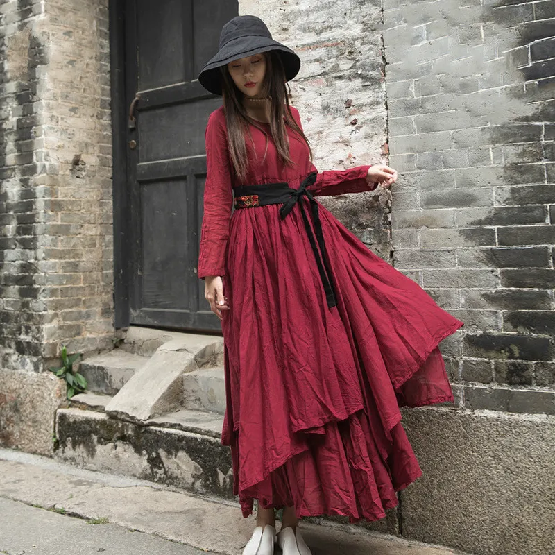 

Johnature Vintage Maxi Dress 2019 New Spring Loose Solid Wrist Pockets Ankle-length Regular O-neck Natural Cotton Women Dress