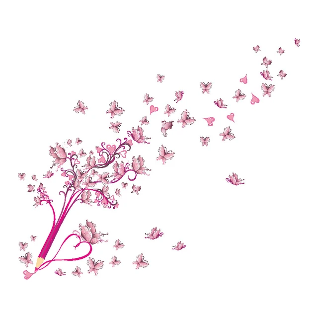 Rosa Bleistift Schmetterling Blume Wandaufkleber Wandaufkleber