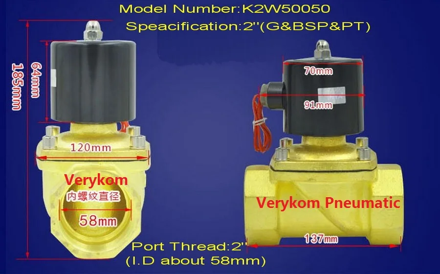 Verykom пневматический 2 Way N/C водой Электрический электромагнитный клапан воздуха Газ дизельное топливо 1/8 1/4 3/8 1/2 дюймов " 2" 12V 24V DC AC 110V 220V