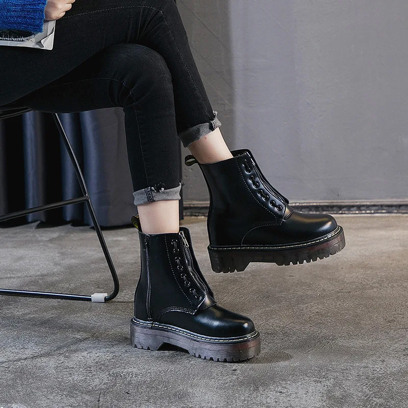 

Jookrrix Real Leather Warm Shoes Women Fashion Martin Boots Lady chaussure 2018 Autumn Female footware Cross-tied Ankle Boot Fur