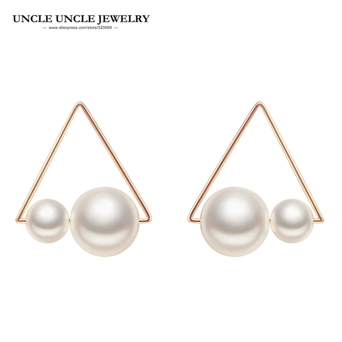 

Elegant Rose Gold Color Triangle Design White 2 pcs Simulated Pearl Geometric Women Fashion Stud Earring Wholesale Accessories