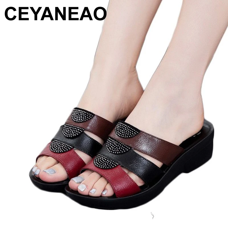 Женские кожаные сандалии CEYANEAOFashion летние на танкетке большие размеры 35 41