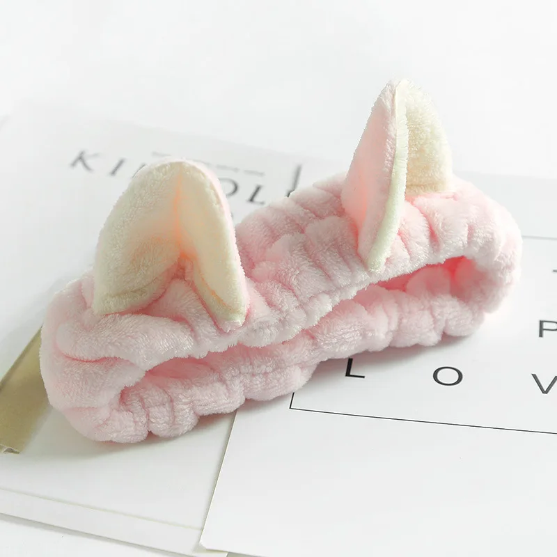 Милая мягкая флисовая женская повязка на голову с заячьими ушками для макияжа, повязка для волос для мытья лица, спа-маска для душа - Цвет: A Fold with pink