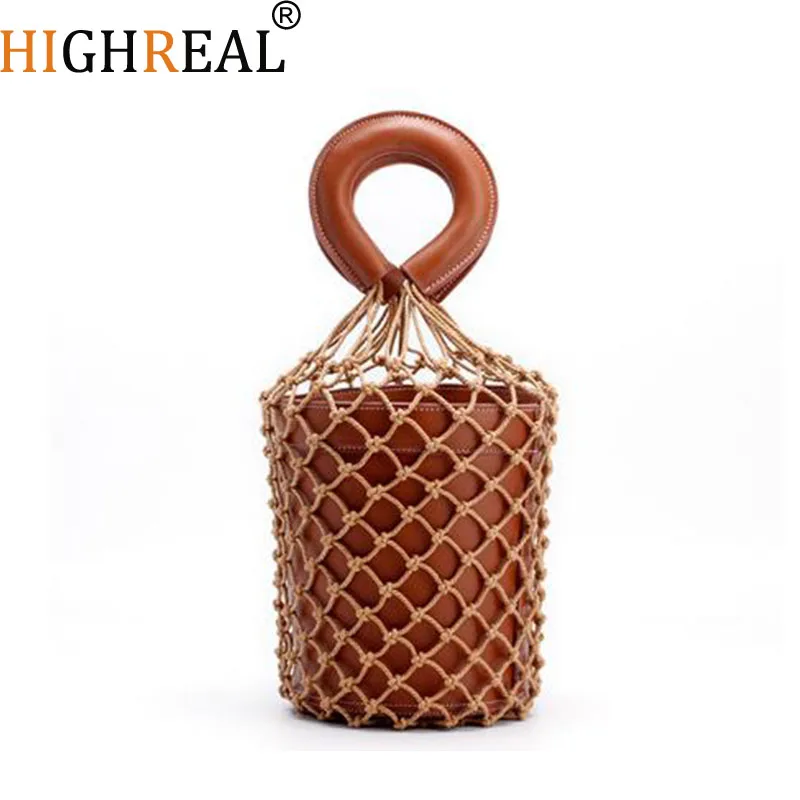 

Korean Japanese Hollow Net Bucket Bag Chic High Quality Women Barrel Basket Tote Bag Lady Vintage Handbag Summer Sea Beach bag