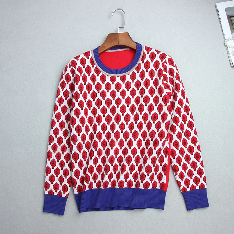 

Qooth New Arrivals Women Vintage Red Leaf Warm Sweaters Long Sleeve O Neck Lurex Pullovers Autumn Knitted Tops Female QH1902