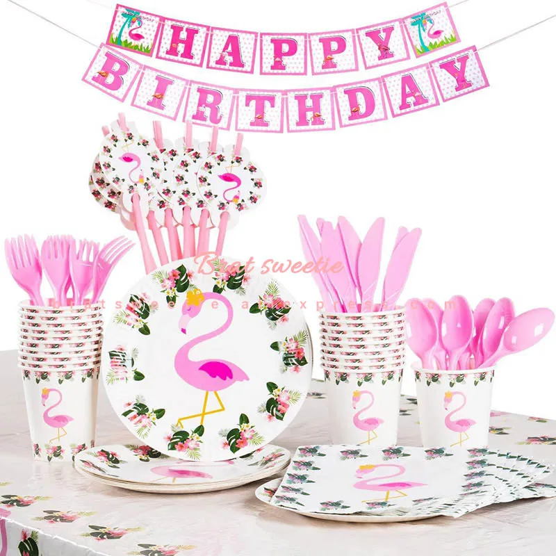 Flamingo Party Balloons Paper Plates Girl 1st Birthday Party Decorations Kids Tropical Summer Hawaiian Party Tableware Supplies