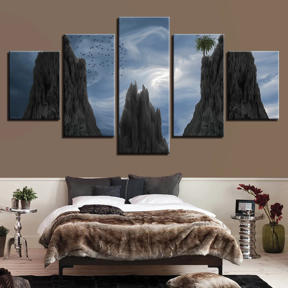

Modern Poster Modular Canvas Pictures 5 Pieces Mountain Cloud Bird Scenery Paintings Wall Art Home Living Room Decoration Prints
