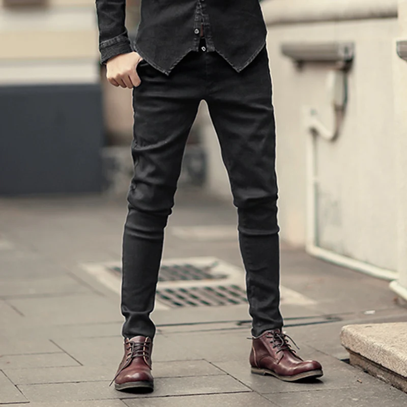 2018 Men black stretch jeans trousers zipper slim Mens