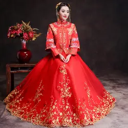 Весна традиционной show платье невесты одежда с длинными рукавами в китайском стиле свадебные Cheongsam вечернее платье красные винтажные