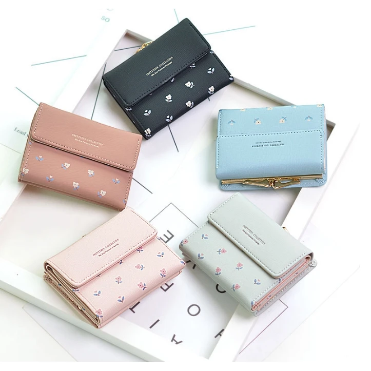 

Korean short clip multi-function multi-card small broken flower fans three fold womens wallets and purses