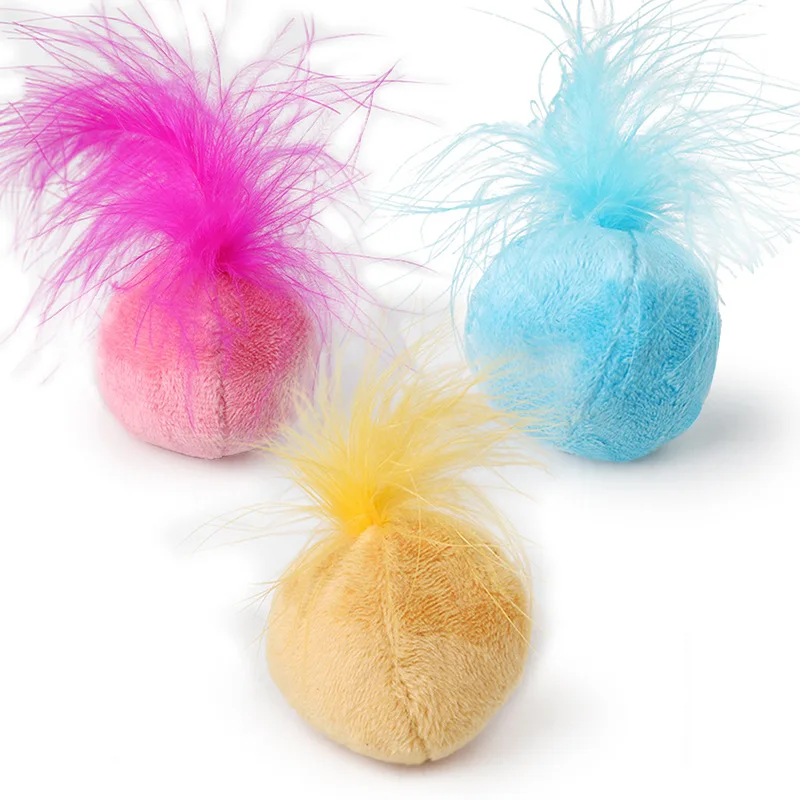 3pcs Pet Cat Play Interactive Toy Cute Design Catnip Plush Ball Feather Cat Teaser Toy for Cats