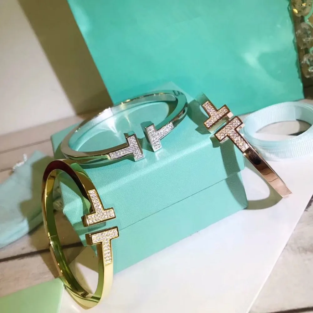 

Brand New 2018 fashion titanium steel rose gold color with stones Double T Rough Bracelet bangle for women party jewelry female