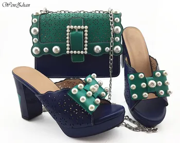 

Latest Green&Blue Shoes And Bag Set Italian Summer 10cm High Heels Shoes And Bags Set For Women With Pearls 38-43 B95-22