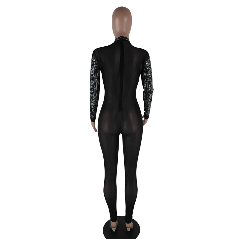 Black Rhinestone Sparkly Jumpsuit Women Turtleneck Long Sleeve Mesh Romper Sexy Sheer Birthday Nightclub Bodycon Party Overalls