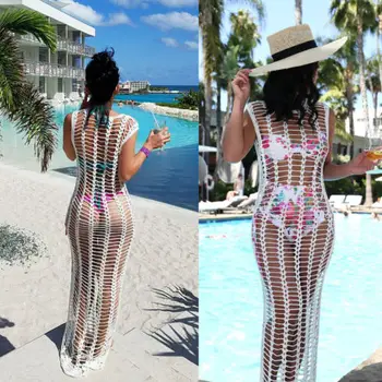 

New 2018 Summer Women Mesh Beach Cover Ups Crochet Bikini Cover Up Swimwear Bathing Suit