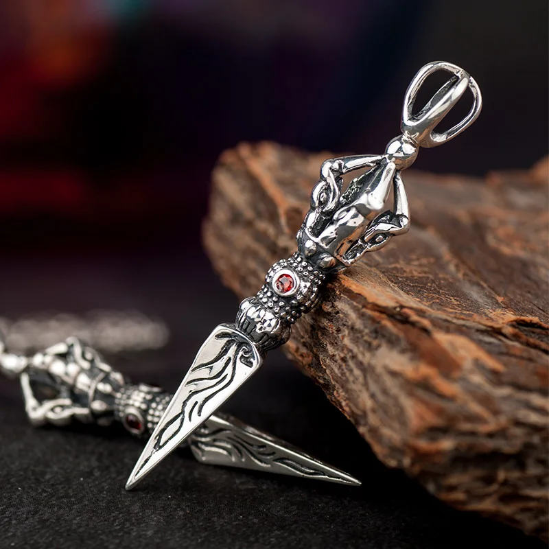 

925 Silver Vintage blossom pestle Vajra Buddhism Totem pendant for Men and women necklace