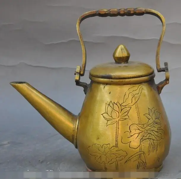 

S02304 chinese pure bronze Carved lucky lotus Flower Wine Tea Pot Flagon Teapot statue B0403