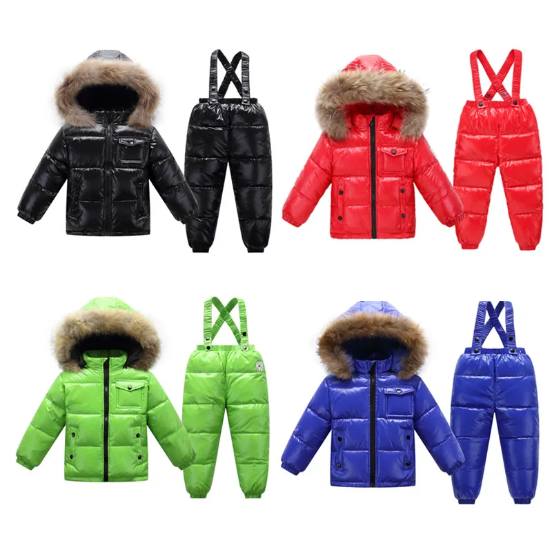 Russian winter children's clothing fashion shiny jackets for girls child coat boys winter jacket+ pant waterproof snow wear