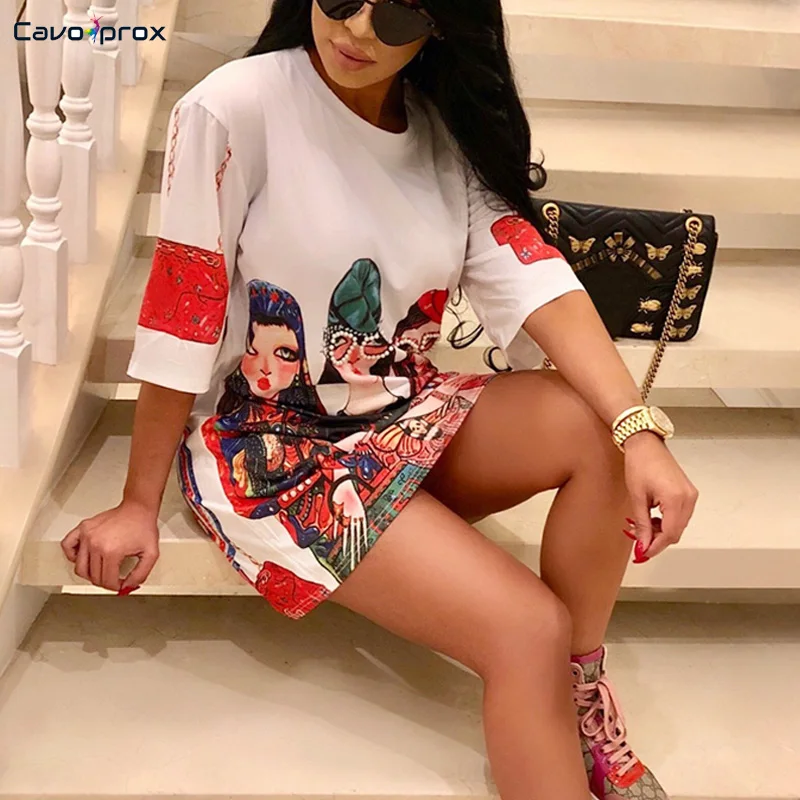 

Women Graphic Printed Short Sleeve Above Knee Mini Dress O-Neck Plus Size Loose Fashion New Trends Casual T-shirts