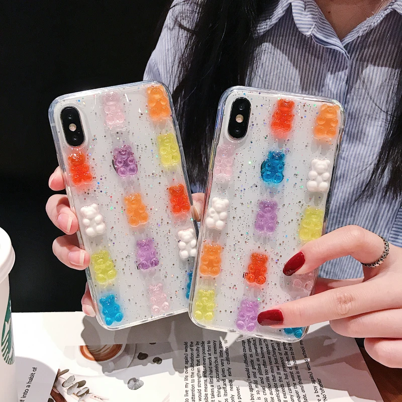 Милые мягкие чехлы с объемным медведем Gummy яркие блестящие для телефонов iPhone X XR XS