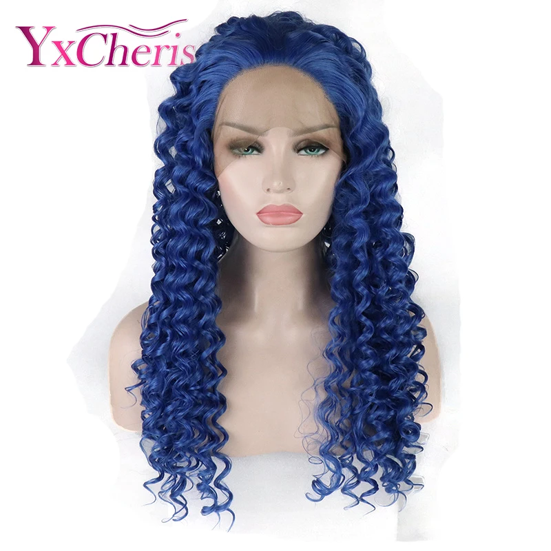 

Water Wave Wig Synthetic Lace Front Wig Blue Hair Heat Resistant Fiber Loose Curly Wig Cosplay