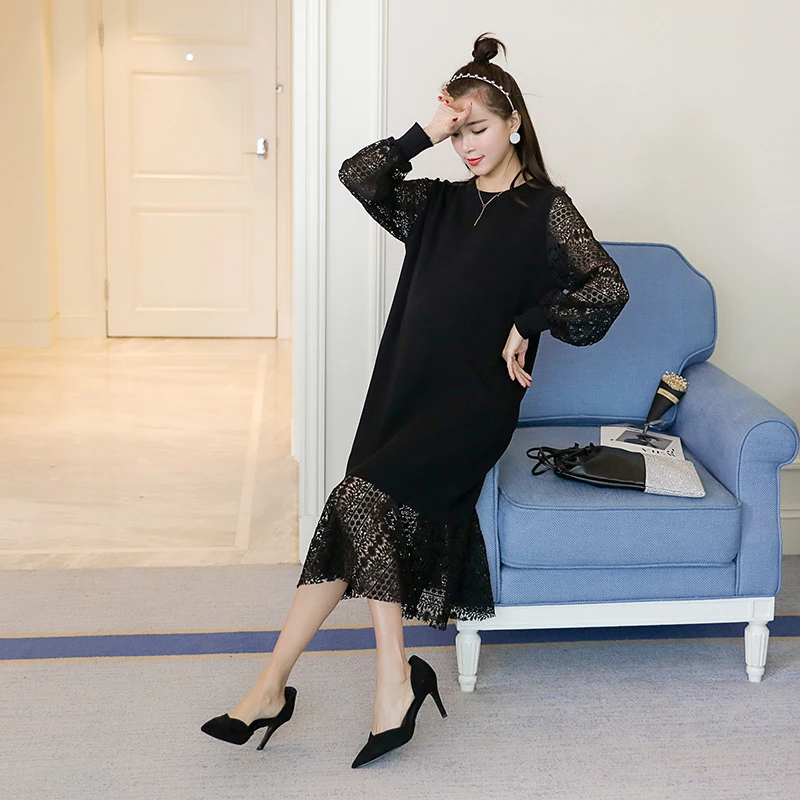 

Pregnant women lace dress 2018 autumn new maternity dress long skirt black knit dress sweater skirt