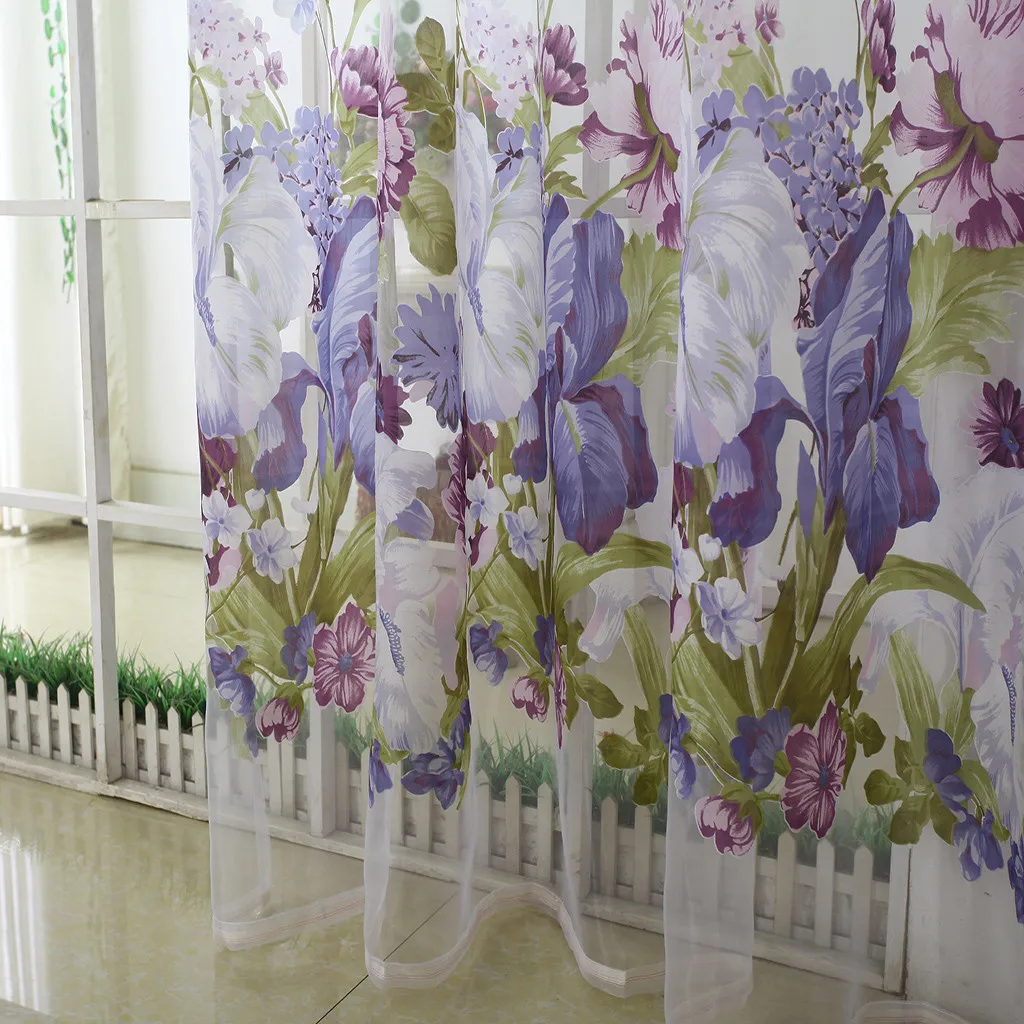 2pcs Peony Flower Print Curtain Tulle Window Treatment Drape Valance Simple Curtain Wear Rod Model 100x200cm L703