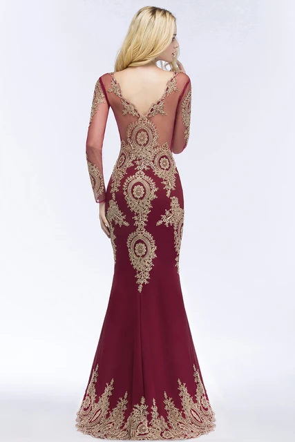 Babyonlinedress Long Sleeve Mermaid Lace Burgundy Evening Dress 2018 Sexy V Back Evening Gowns Robe de Soiree Longue 1